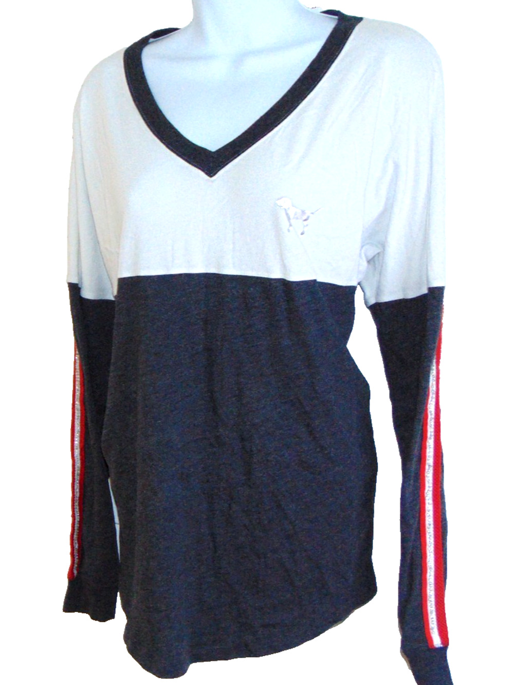 PINK Victoria's Secret Colorblock Long Sleeve Sequin Dog Varsity Tee Medium